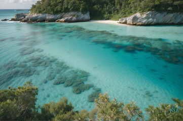 Fototapeta premium Crystal Clear Blue Lagoon with a Deserted Beach Wallpaper Background Generative AI