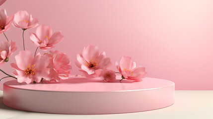 Fototapeta na wymiar Abstract background with pink flowers and a podium