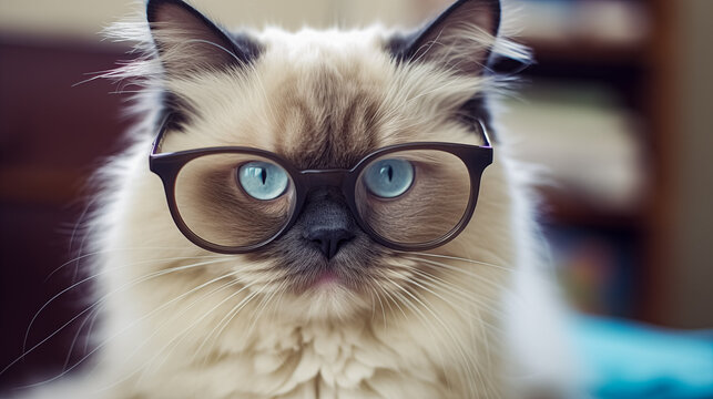 A Birman Cat looking at Camera with Eyeglasses. Funny and Cute image.