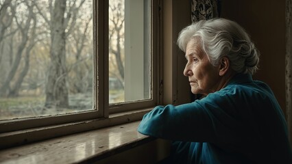An elderly woman with white hair sits by a window.