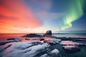 intense red aurora casting glow over chilly ocean