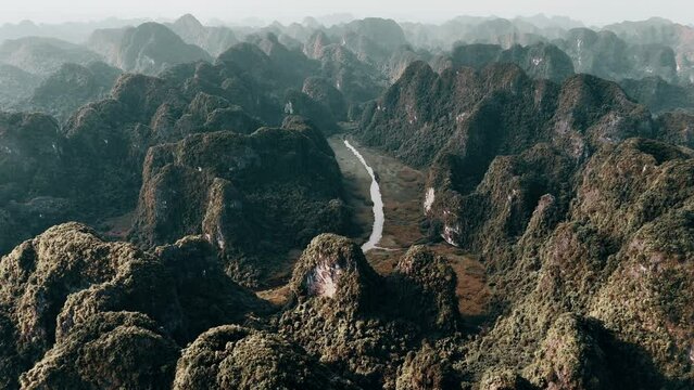 Aerial shot of sunset in Ninh Binh. Ninh Binh is a small city in the Red River Delta of northern Vietnam.