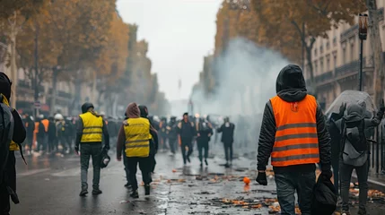 Foto op Canvas French orange vests on the streets with police © cherezoff