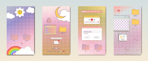 Naklejka premium set of aesthetic 90s retro vaporwave post and story template. Social media stories and posts with old nostalgic computer aesthetic ui elements