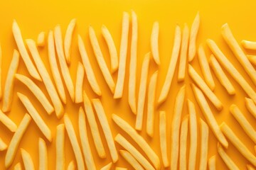 Overhead view, full frame of french fries on a yellow background.