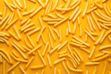 Obraz premium Overhead view, full frame of french fries on yellow background.