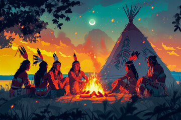 native american Indigenous people sitting near the bonfire on circle near the wigwam at night on full moon - obrazy, fototapety, plakaty