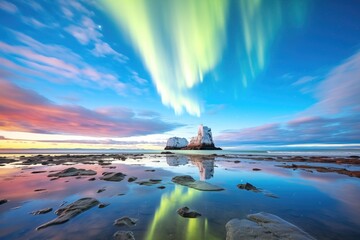 panoramic view of multicolored aurora over sea