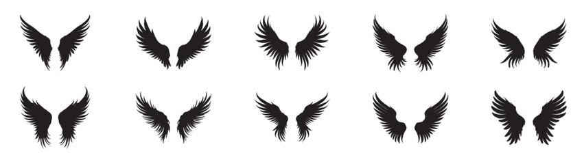 Obraz premium Bird wings flat black icons set. Isolated wings black icons. Vector illustration