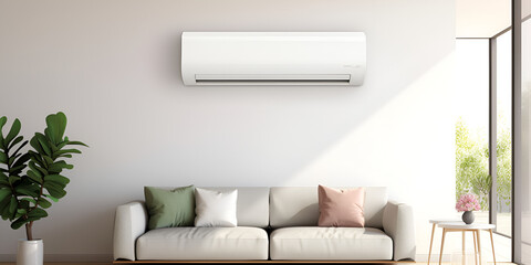 Air conditioner on white wall in modern room with stylish grey sofa ,Modern bright interior,

