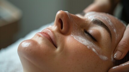 Facial Treatment for Hydrated Glowing Skin,Close-up of a tranquil person receiving a hydrating facial treatment, with focus on skin care and relaxation.