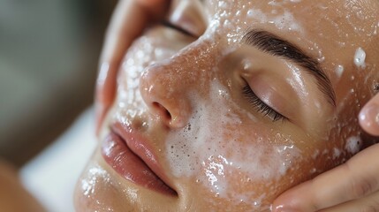 Facial Treatment for Hydrated Glowing Skin,Close-up of a tranquil person receiving a hydrating facial treatment, with focus on skin care and relaxation.