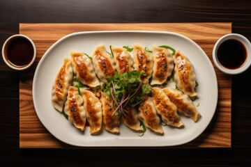 Gyozas on plate on counter top overhead view.