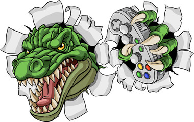 A crocodile, dinosaur or alligator lizard gamer sports video game gaming mascot holding a games controller
