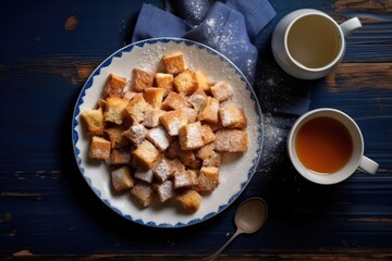 East Austrian cuisine - Kaiserschmarrn obe wooden able top. Overhead view.