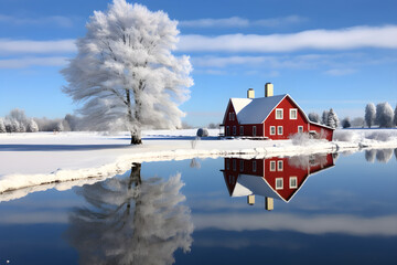 house and lake in winter