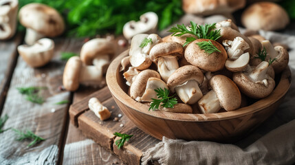 Fresh mushrooms in a bowl with herbs on side.