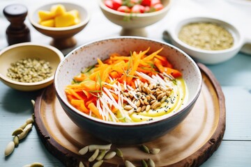 mango juice smoothie bowl with nuts and seeds