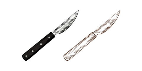 Hand-drawn colored and monochrome vector sketch of metal knife  on white background. Doodle vintage illustration. Decorations for the menu of cafes and labels. Engraved image.