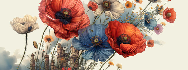 Fototapeta na wymiar Poppy flower and castle, surrealism