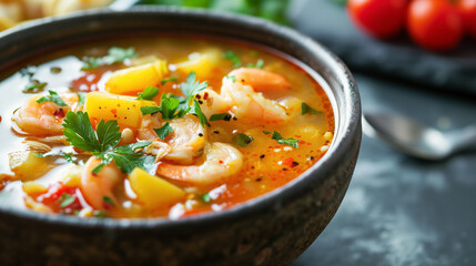 Bowl of spicy shrimp soup with fresh herbs.