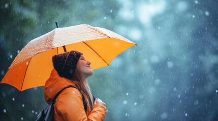 Woman with umbrella enjoying snowfall in peace.