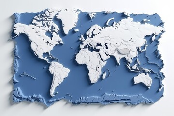 World Map with Dynamic Terrain Extrusion, Bringing Geographic Features to Life, on an Isolated White Background, Generative AI
