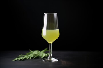 fresh green juice in a wine glass, contrasted against a black backdrop