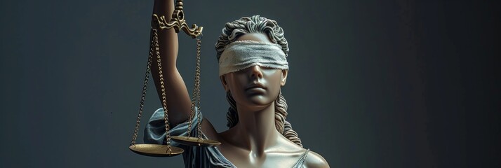 Lady Justice with White Lace Band over her Eyes holding Scale in her Hand - Woman Lady Justice Background created with Generative AI Technology - obrazy, fototapety, plakaty