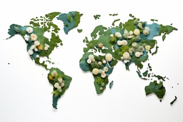 World Map with Floral Patterns, Blending Nature and Cartography, on an Isolated White Canvas, Generative AI