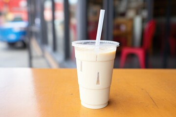 takeout horchata in a plastic cup with a logo