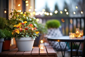 cluster of potted plants on a patio with string lights - obrazy, fototapety, plakaty