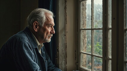 An elderly man with a beard looks out the window.
