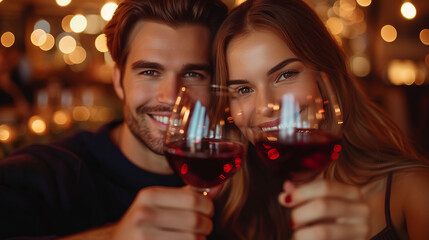 Young lovely couple on a date at a romantic restaurant, raising their glasses of red wine to toast each other on valentine's day