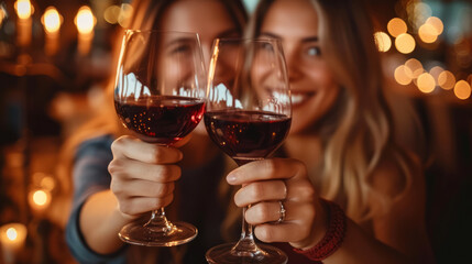 Young lovely lesbian gay couple on a date at a romantic restaurant, raising their glasses of red wine to toast each other on valentine's day - obrazy, fototapety, plakaty