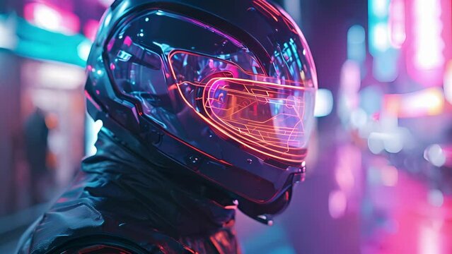 A holographic portrait of a streetwise courier with a cybernetic eye and neonlit bike helmet representing the fastpaced and hightech lifestyle of a courier in a cyberpunk