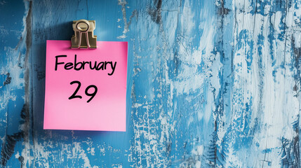 Pink note on blue wall background with written February 29 as a reminder for leap year day with copy space
