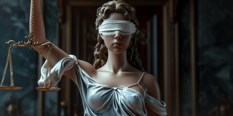 Fototapeta na wymiar Lady Justice with White Lace Band over her Eyes holding Scale in her Hand - Woman Lady Justice Background created with Generative AI Technology