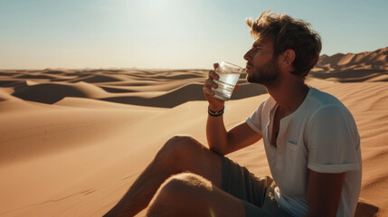 Man enjoying a glass of water in middle desert during a heatwave - obrazy, fototapety, plakaty