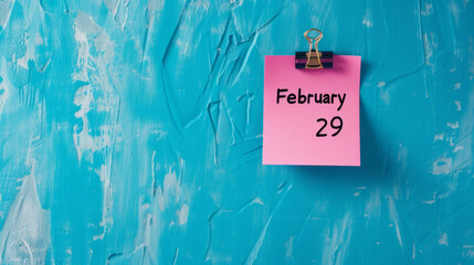 Pink note on blue wall background with written February 29 as a reminder for leap year day with copy space