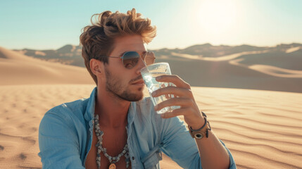 Man enjoying a glass of water in middle desert during a heatwave - obrazy, fototapety, plakaty