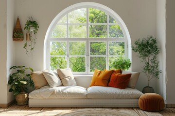 Corner sofa with pillows against arched window. Boho ethnic home interior design of modern living room