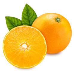 Fresh Orange fruit with leaf on white background. Japanese Ehime Orange with slices isolate on white with clipping path.