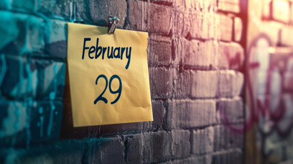 Yellow note on bricks wall background with written February 29 as a reminder for leap year day with copy space