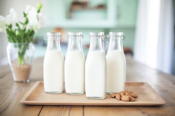 Obraz na płótnie Canvas almond milk in glass bottles on a wooden table