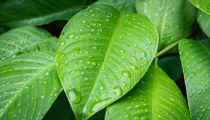 Obraz premium abstract green leaf texture nature background tropical rain atmosphere, plant with droplets, copy space