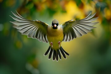 Dynamic capture of a Goldcrest Goldfinch in a mid-air twist showcasing the intricate patterns of its golden feathers against a backdrop of lush greenery