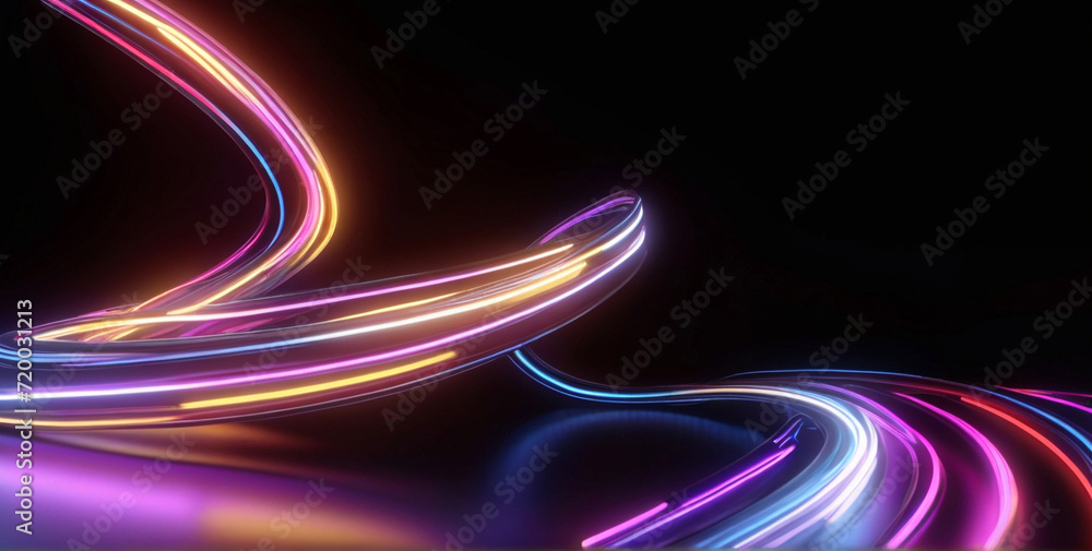 Aufkleber abstract panoramic background of curvy dynamic neon lines glowing in the dark room with floor reflec
