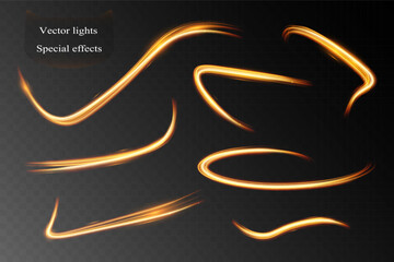 Light wave,shiny gold lines.Vector illustration.Color glowing design element.Wavy bright stripes.