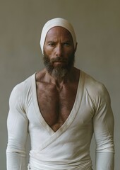 Majestic bearded man in white headwrap and attire posing solemnly. portrait of serene masculinity. AI